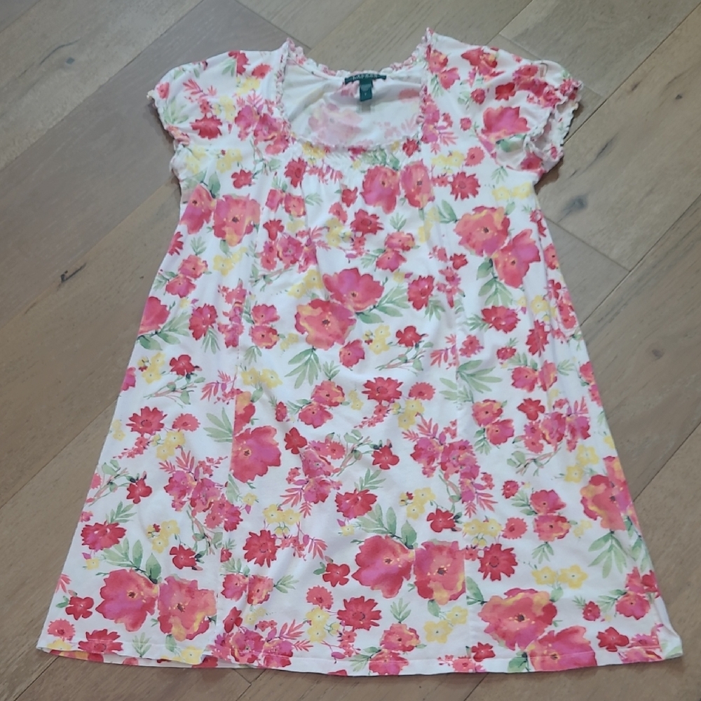 Lauren Ralph Lauren Floral Nightgown Women's sz L Pink/White Short Sleeve Nighty